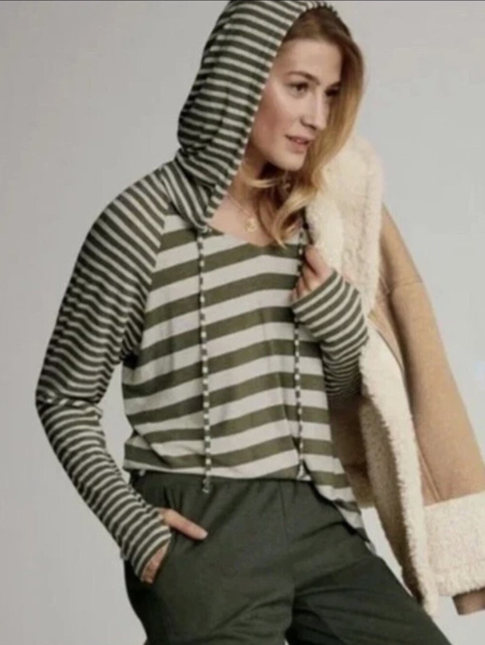 CAbi Playoff Hoodie Long Sleeve Top Green Stripe Sz Large Jersey Fabr Excellent